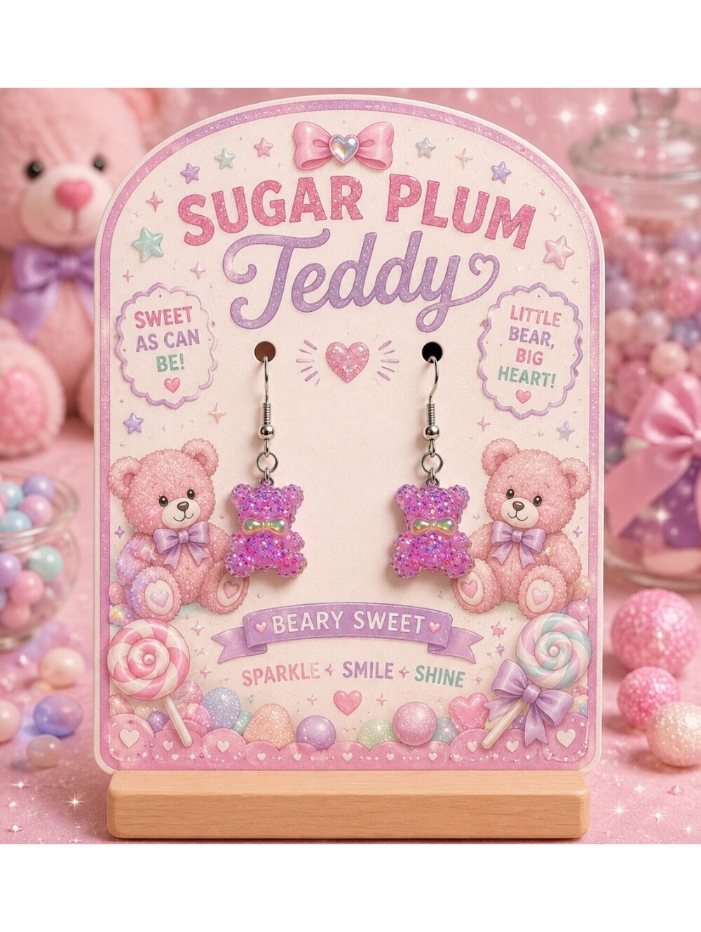 Kawaii Cute Sugar Plum Teddy Beary Sweet Sparkly Bow Hypoallergenic Earrings